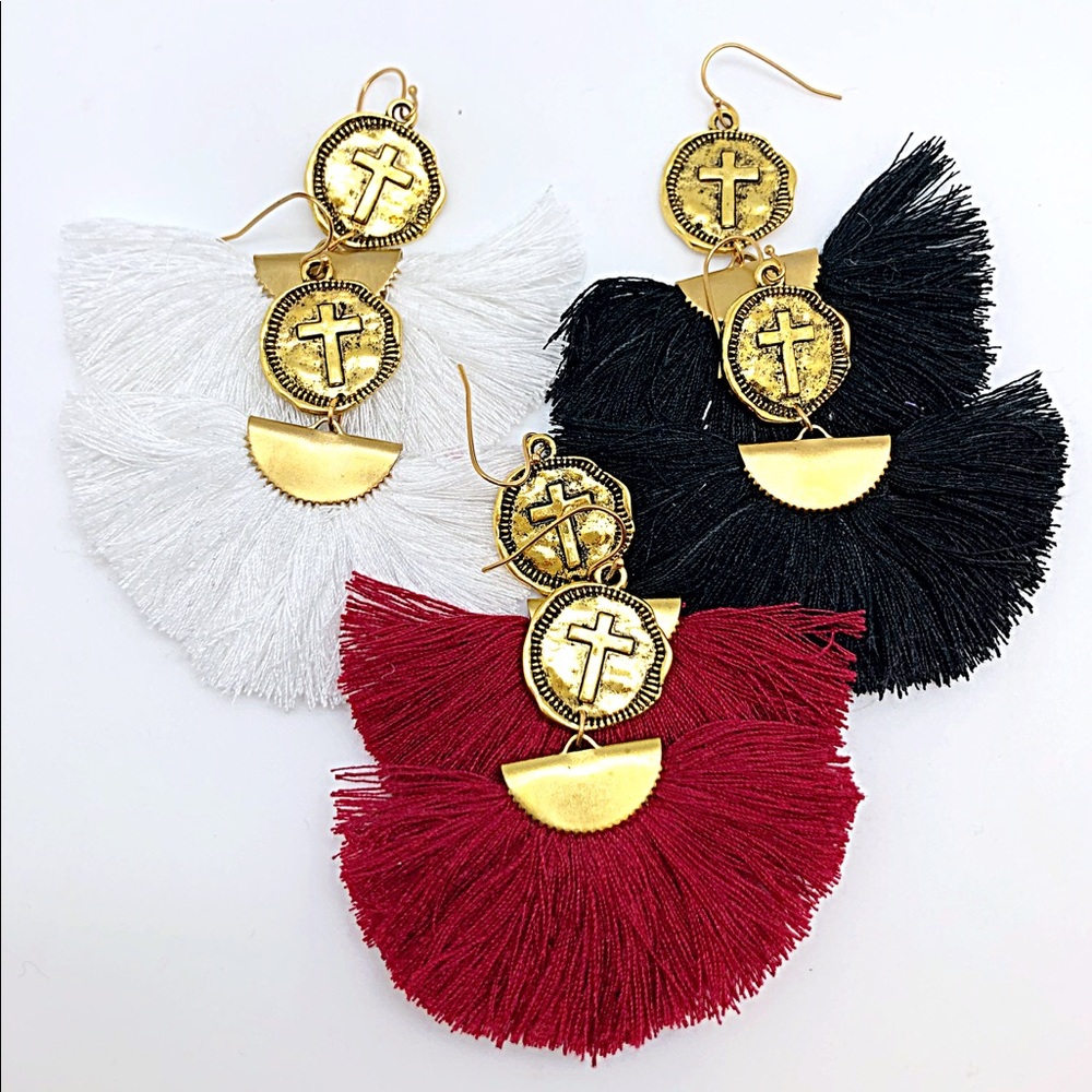 Ant. Gold Cross Coin Fan Tassel Dangle Earring NWT